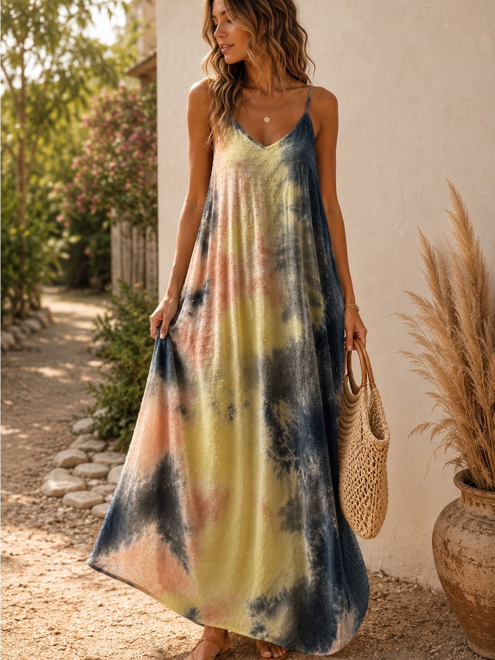 Entro Tie Dye Swiss Dot Maxi Dress S Boho Resort Flowy Pockets